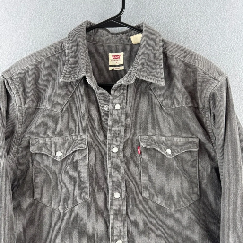 Levis Corduroy Pearl Snap Western Shirt Mens Medium Gray Cotton Long Sleeve